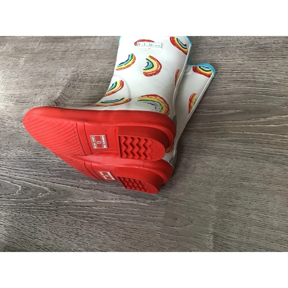 L.L. Bean Girls Youth Rainbow Non-Slip Rain Boots Size 13 Red White Multicolor